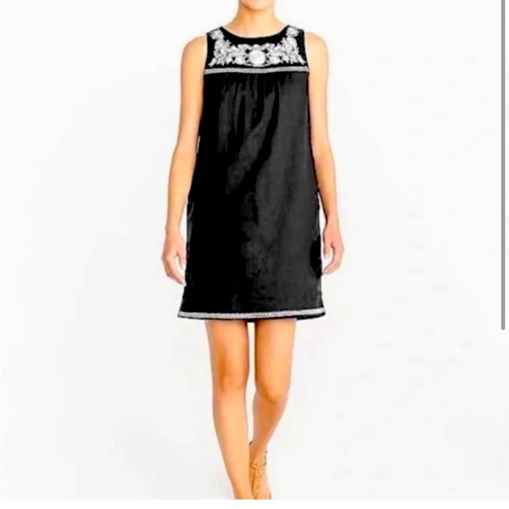 J. Crew Factory Linen + Cotton Shift Dress Embroidered Black Size Small